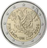 (002) Монета Финляндия 2005 год 2 евро "ООН 60 лет"  Биметалл  UNC